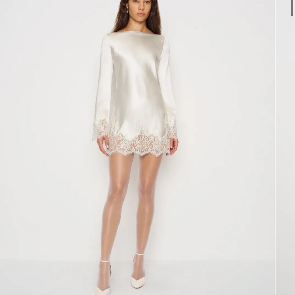 Reformation Ivory Satin Lace Trim Mini Dress